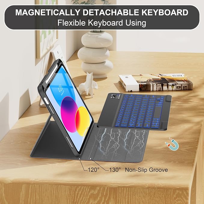 Soke for iPad (A16) 11th/10th Gen Case with Keyboard Black Marble | For iPad 11/10.9 inch(2025/2022) 7 Color Backlight Magnetic wireless Detachable Keyboard Case Built-in Pencil Holder