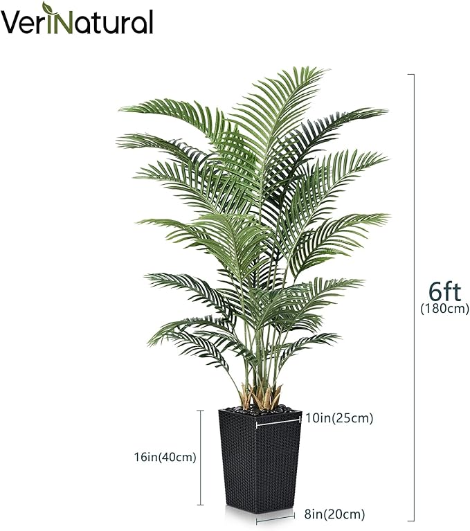6FT Artificial Palm Tree - Tall Fake Tree with Black Taper Planter & Pebbles, UV Resistant for Indoor & Outdoor Decor - Large Potted Faux Plant for Living Room, Office, Home Decor,VN130