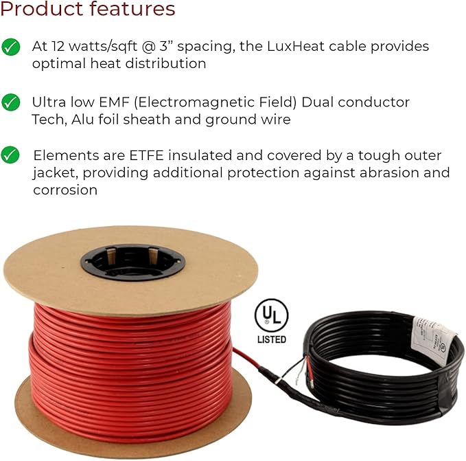 LuxHeat 90sqft Floor Heating Cable Kit - 240v In Floor Heating System for Tile - Heated Flooring System Includes UDG4 Programmable Thermostat w/GFCI, Heat Cable, Strapping, Sensor & Alarm