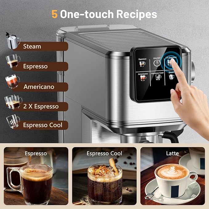 RELEXNOW Espresso Machine, 20 Bar Espresso Maker Milk Frother & LCD Panel, Hot & Iced with Rapid Cold Brew, Stainless Steel Espresso Coffee Machine with 41oz Water Tank for Cappuccino, Latte