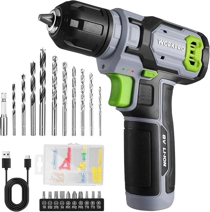 WORKPRO Cordless Power Drill Set, 8V Cordless Drill Driver Set with 53pcs Bits, 2.0Ah Electric Tool Kit with 3/8" Keyless Chuck and Variable Speed Trigger, Portable for Home Improvement, DIY