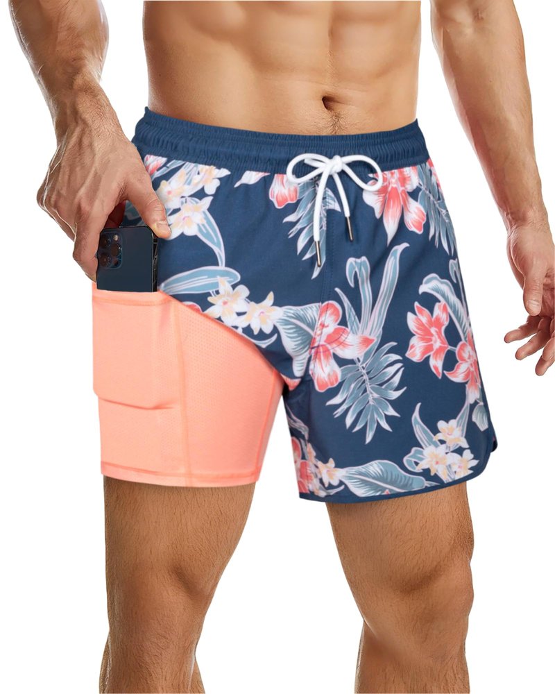 SURF CUZ Mens Swim Trunks with Compression Liner 5" Swimming Trunks 5 Inch Retro Swim Shorts with Zipper Pockets,Blue Retro,M
