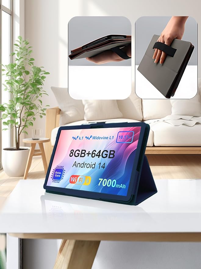 for AWOW UTBook_14 Android 10 inch Tablet CaseFolding Stand Protective Cover with Pencil Holder and Wrist StrapFull Protection Premium PU Scratch Resistant(Black)