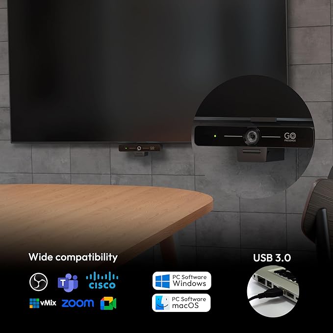 GoPresence Smart 4K Compact Video Conference Camera – Ultra HD 120° Wide Lens, AI Auto-Framing, Noise-Cancelling Mics, 20ft Pickup, Plug-and-Play USB for All Video Conference Platforms – Small Rooms