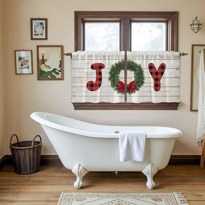 Christmas Wreaths Kitchen Tier Curtains 24 Inch Long 2 Panel Set, Rod Pocket