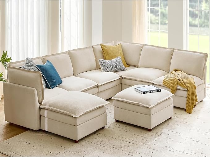 HULALA HOME Oversized Modular Sectional Sofa with Dual-Layered Cushions, 8 Seater Sleeper Sofa with Storage Ottoman and Removable Cover, Modern Deep Seat Cloud Couch for Living Room, Beige