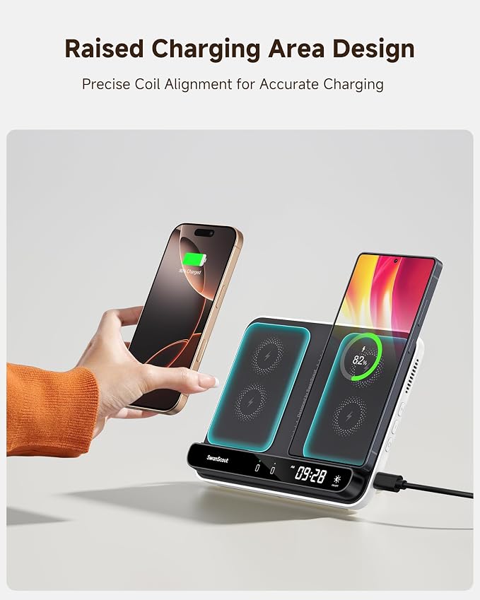 Dual Phone Foldable Wireless Charging Station for iPhone Galaxy Pixel | Dual phone charging Foldable portable stand Dimmable clock Case friendly Raised charging area flat mode for earbuds 504
