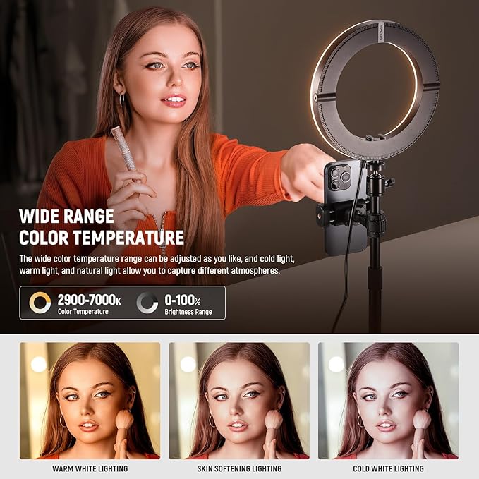 NEEWER 12" 24W High Power Desk Ring Light with Stand/Phone Holder, LED Selfie Video Conference Lighting for iPhone Streaming Makeup Vlog Recording Laptop Computer Webcam Zoom Call Podcast, RH12B