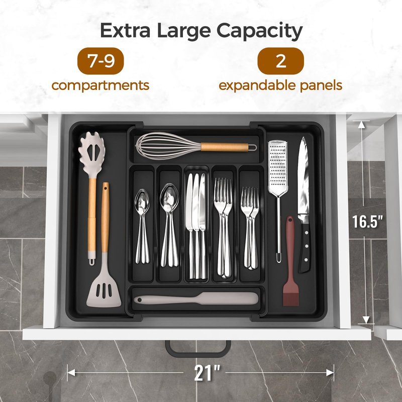 ukeetap Extra Large Expandable Silverware Organizer, BPA-Free Food-Safe Cutlery Flatware Organizer, Kitchen Utensil Drawer Organizer, Adjustable Silverware Holder for Spoons Forks Knives, Black