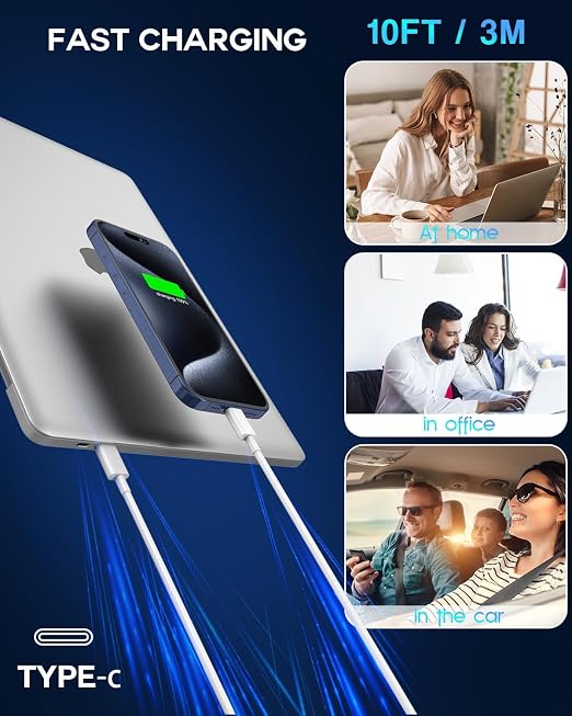 USB C to USB C 240W USB C Cable 2-Pack 10ft C to C Cable Fast Charging for MacBook Pro/MacBook Air iPad Pro/iPad Air iPhone 16 15 Pro Max Plus Samsung GalaxyCompatible 140W/100W/65W/45W/35W/20W