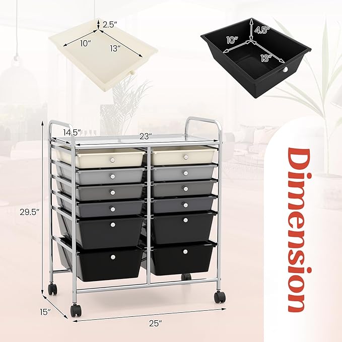 COSTWAY 12-Drawer Rolling Storage Cart, Moveable Art Craft Organizer W/Lockable Wheels, Metal Shelf, Files Arrangement Tools Makeup Storage Cart for Office, Home, School, Mixed Black