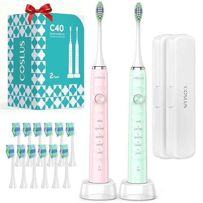 COSLUS Sonic Electric Toothbrush for Adults: 47000 VPM for Deep Cleaning & Whitening with Travel Case - 5 Modes for Sensitive Teeth & Braces, Wireless Charging, 6 Brush Heads, Pink & Green (2PCS)