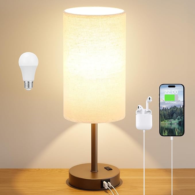 Touch Bedside Table Lamp with USB - 3 Way Dimmable Brown Lamp for Bedroom Nightstand, Desk Lamp with Charging Station for Dorm, Office, Kids Room, Living Room