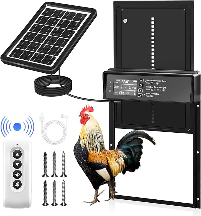 Sakerplus Automatic Chicken Coop Door Solar Powered, Automatic Chicken Door with Timer, Light Sensor, 4 Modes and LCD Display, Aluminum Alloy Auto Chicken Door, Anti-Pinch & Weather Proof