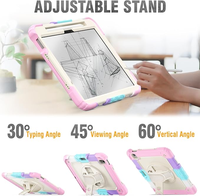 HXCASEAC Case for iPad Air 11 inch (2025 M3 / 2024 M2), Shockproof Design with Pencil Holder/Screen Protector/Rotating Hand Strap, Protective Cover for iPad Air 7th/6th Generation - Pink