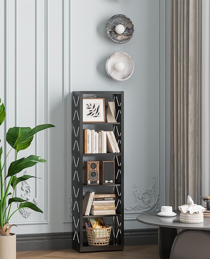 5-Tier Bookshelf, Metal Bookcase with Adjustable Shelves for Home Office, Kitchen and Garage, Modern Corner Tall Shelves with Anti-Tip Kit & Leveling Feet, Heavy-Duty Display Storage Organizer (Black)