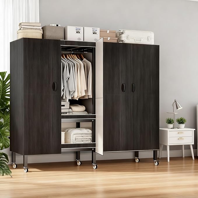 Foldable Portable Armoire Wardrobe Closet for Hanging Clothes Rack, Heavy Duty Covered Clothes Rack with Cover(HARDBOARD Magnetic), Closet Garment Rack for Bedroom Storage (KT Black, 49.21in)