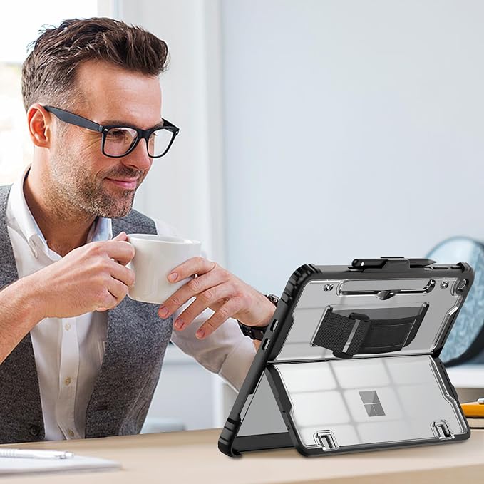 TiMOVO Case for Microsoft Surface Pro 12 Inch 2025 Black | Pen Holder Rugged Clear Back Protective Cover Removable Hand Strap Compatible with Type Cover Keyboard