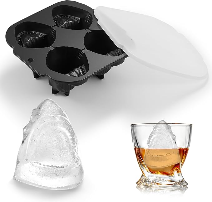 ACOOKEE Shark Ice Cube Tray Fun Shapes, Odd Novelty Cute Shark Gifts, 2.2" Large Silicone Whiskey Ice Mold for Cocktails,Bourbon,Brandy, w/Funne