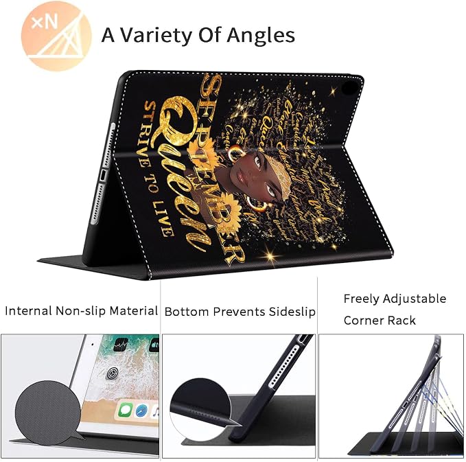 Case for iPad Pro 11 Inch 2022/2021/2020 (4th/3rd/2nd Gen) for iPad Air 5th / 4th Generation 10.9 Inch (2022/2020) Durable Shockproof Protective Cover，Black Woman Queen Afro Design