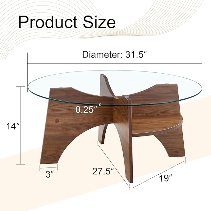 LKTART 31.5" Round Glass Coffee Table with Tempered Glass Top and MDF Base, Diagonal Fan-Shaped Tray Design Table Leg Simple & Modern Center Table for Living Room Office Apartment Walnut