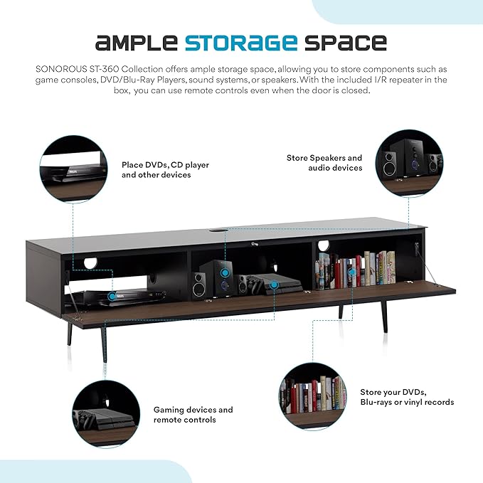 SONOROUS ST-360 Premium TV Stand for Living Room – Modern TV Stands & Entertainment Center with Storage – Black Glass & Walnut Wood Cover – Luxury Media Console with Metal Legs for TVs up to 75 inches