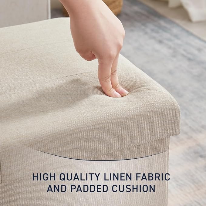 43 Inches Folding Storage Ottoman Bench, Ottoman Foot Rest, Storage Chest, End of Bed Foot Rest Stool with Padded Seat for Living Room, Bedroom, Entryway, Support 660lbs, Linen, Beige