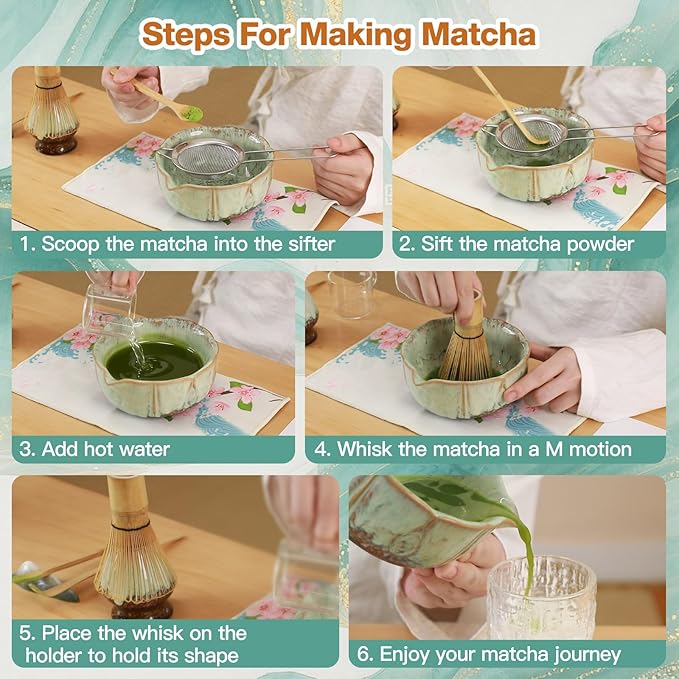 VENSEEN Matcha Whisk Set, 8 Pcs Matcha Kit with Bowl and Whisk Holder, Ceramic Japanese Complete Macha Starter Kit for Beginners, Gift for Macha Lovers (Green)