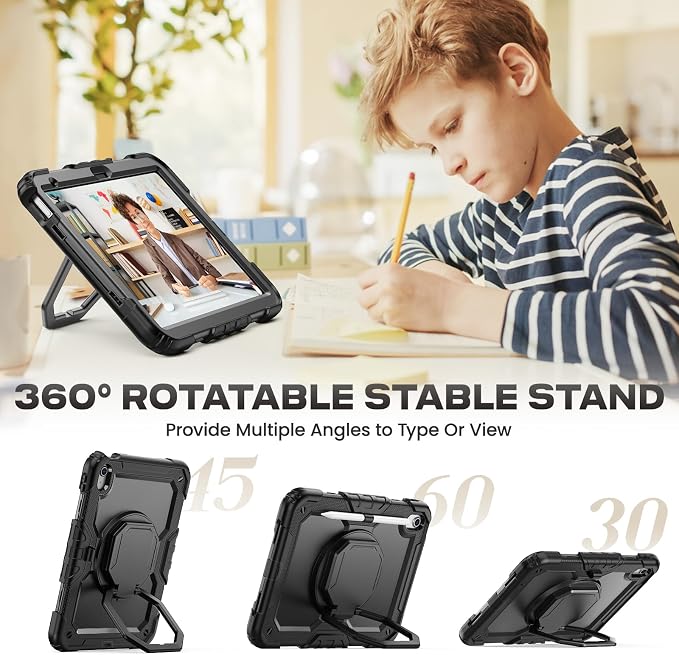 SEYMAC stock Handle Case for iPad (A16) 11th / 10th Gen 11'' /10.9'' Black | Full-Body Drop Protection Shockproof Case Pencil Holder Screen Protector 360 Ring Handle Stand 2025/2022 Released
