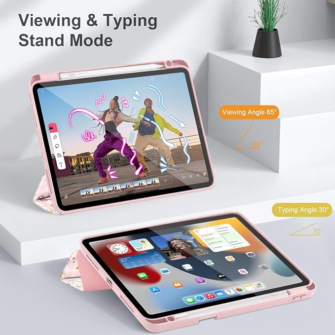 Case for iPad 12.9 Inch (6th/5th/4th/3rd Generation 2022/2021/2020/2018) Pencel Holder + Trifold Support Auto Sleep/Wake Transparent Shockproof Back Cover Abstract Floral SD163