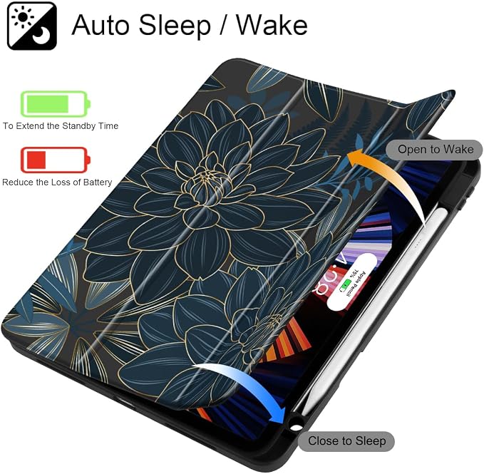 Tuiklol for iPad Pro 11 Inch 4th / 3rd / 2nd / 1st Gen (2022 2021 2020 2018) Case -Built-in Pencil Holder Shockproof Cover Clear Transparent Back Shell with Auto Wake/Sleep Black Flower