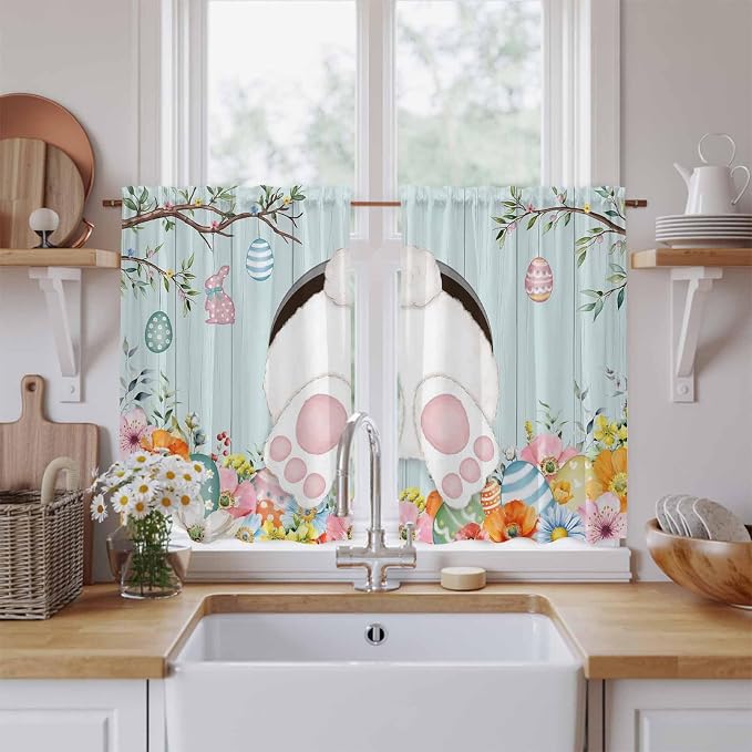 Easter Bunny Kitchen Tier Curtains 45 Inch Long 2 Panel Set, Rod Pocket Short