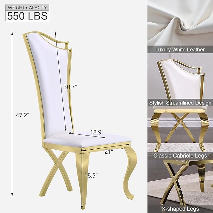 White and Gold Dining Chairs Set of 4, White PU Leather Dining Room Chair with Gold Polished Metal Legs, Glam Upholstered Kitchen Chairs for Dining Room, Kitchen, Living Room