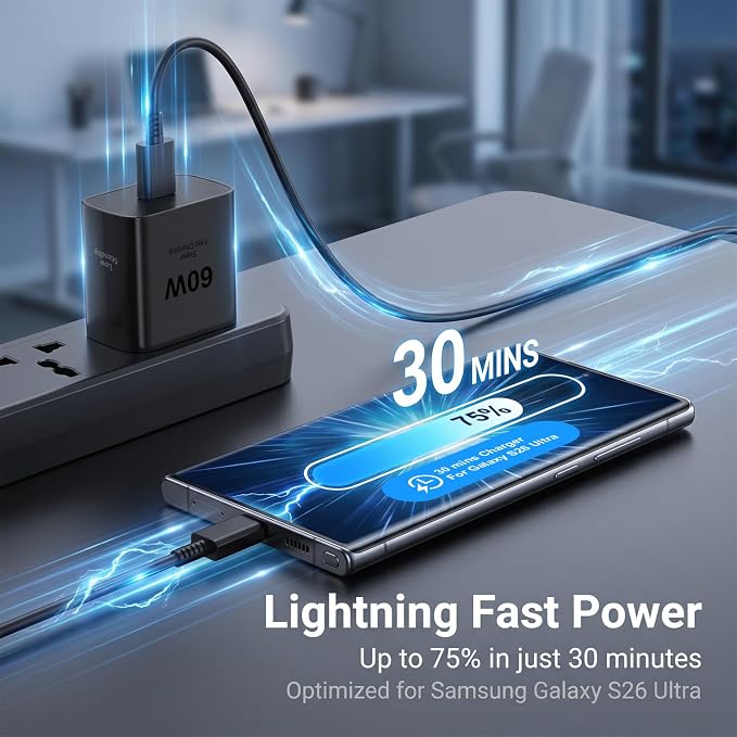 Samsung 60W USB C Fast Charging Block Type C Wall Plug Charging Brick &amp 10ft C Cable Super Fast Charging 3.0 for Samsung Galaxy S26 Ultra/S26/S26+/S25 /S24/S23 Ultra/Note 10+/Note 10-1PACK