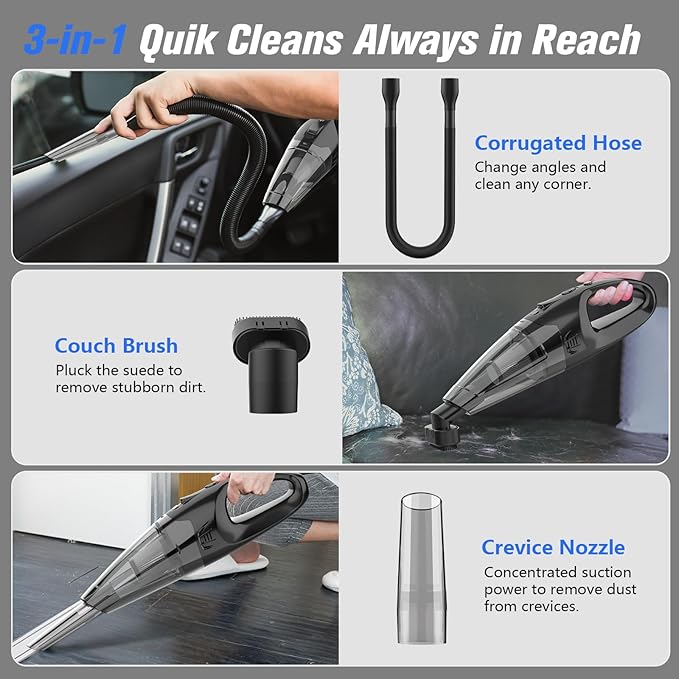 Handheld Vacuum Cordless Rechargeable with LED Light, Car Vacuum Portable Cordless, Hand Vacuum Cleaner Car Seats, Home, Quick Cleanup, Strong Suction, Lightweight, Includes Crevice Nozzle & Brush
