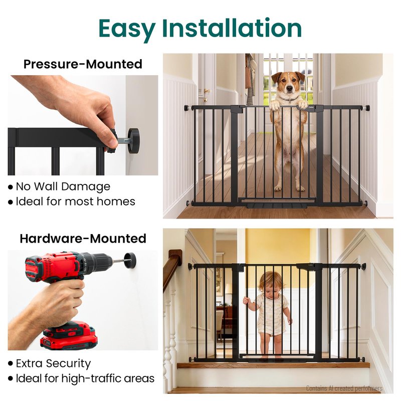 Cumbor 30-54" Extra Wide Baby Gate for Stairs, Dual Lock & Self-Closing Dog Gate Indoor, Easy Install Pet Gate for Doorways, Hallways & Kitchen, Easy Walk Thru Safety Proofing for Babies & Pets, Black
