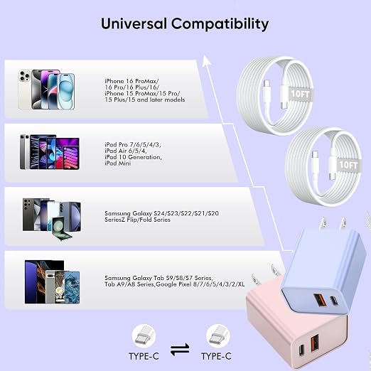 10FT iPhone 17/16e Fast Charger2Pack 20W Dual Port USB A+C QC Apple Adapter with 10 Foot USB C to C Fast Charging Cable Cord for iPhone 17Air/17Pro/17Pro Max/16/16Pro/15/15Pro/Pro Max/Plus(Blue/Pink)
