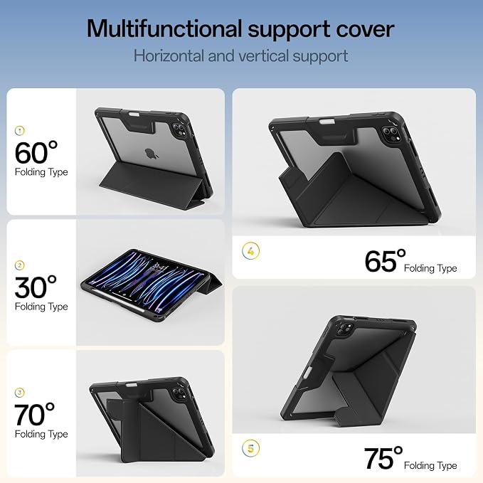 Case for iPad Pro 11 inch (4th/3rd/2nd Generation) 2022/2021/2020 | Y-Stand Shockproof Protective Cover with Pencil Holder Multi-Angle Stand Clear Hard Back (Black)