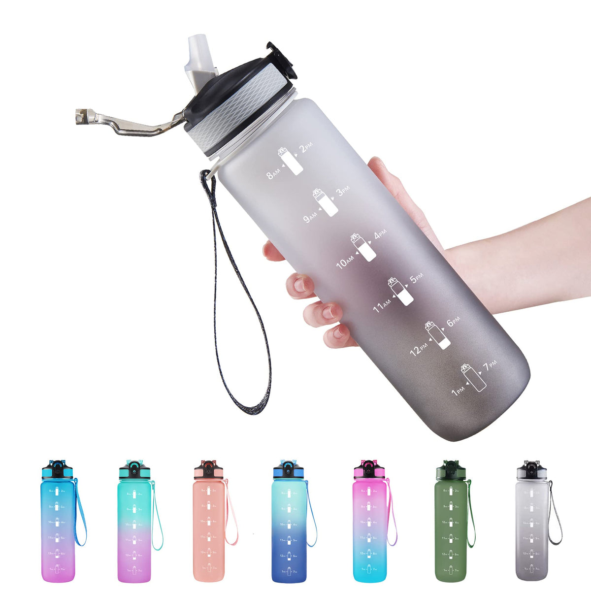 EYQ 32 oz Water Bottle with Time Marker, Carry Strap, Leak-Proof Tritan BPA-Free, Ensure You Drink Enough Water for Fitness, Gym, Camping, Outdoor Sports (3.Black/Gray Gradient)
