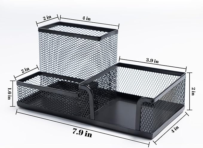 Black Mesh Pen Holder Desktop Organizers Pencil Holder for Desk 3 Compartments Metal Office Supply Organizer with Sticky Notes Holder for Office Desk Accessories