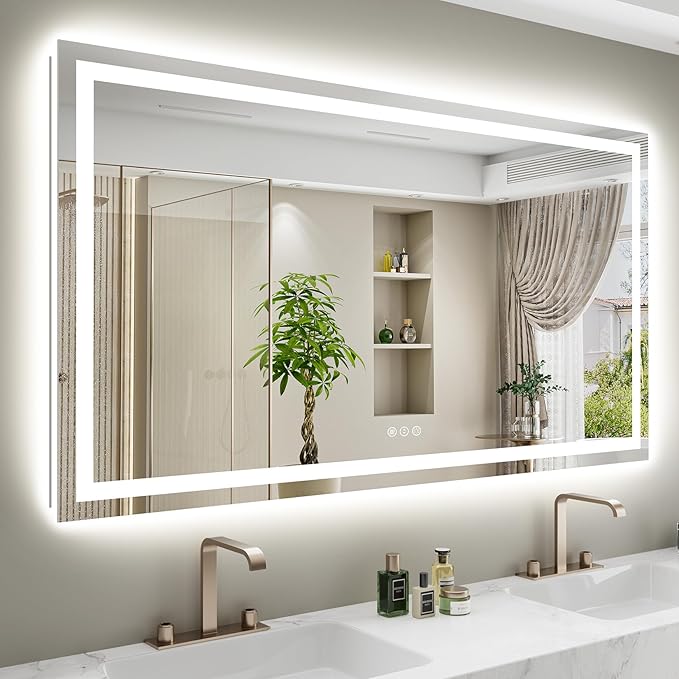 YEELAIT 60x38 Inch LED Bathroom Mirror with Lights Front and Backlit Lighted Vanity Mirror for Bathroom Wall with 3 Colors Dimmable Anti-Fog Memory Shatter-Proof IP54 Waterproof Horizontal/Vertical