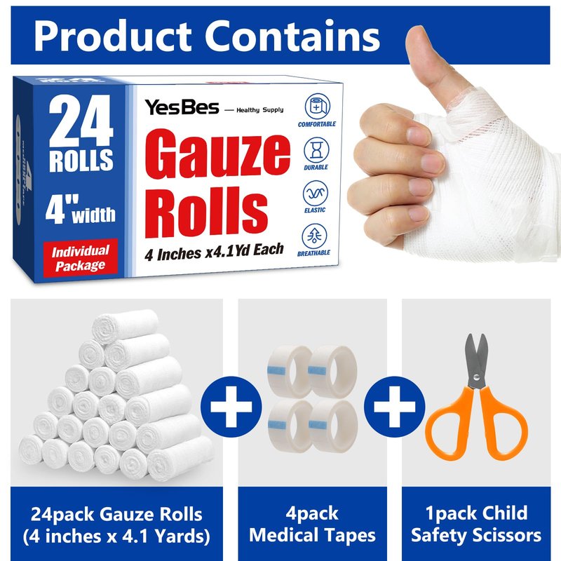 YesBes 24 Pack Gauze Rolls, 4 in x 4.1 Yards, Premium Gauze Wrap Roll for Wounds, Bandage Wrap Rolled Gauzes, Mummy Wraps, Individually Wrapped