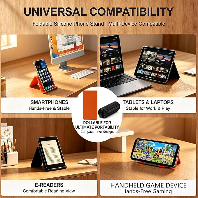 Flexible Silicone Phone Holder Bendable Foldable Stand with Aluminum Adjustable Anti-Slip Multi-Angle Cellphone Holder Portable Rollable Stand for Phone Tablet Laptop 2 Pack Black