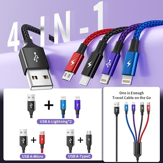 4 in 1 Multi Charging Cable 2 Pack 6FT Charging Cords for Devices | Nylon Braided USB C Car Charger Cable with Dual USB-C IP &amp Micro Ports Long Travel Charging Cord for Cars