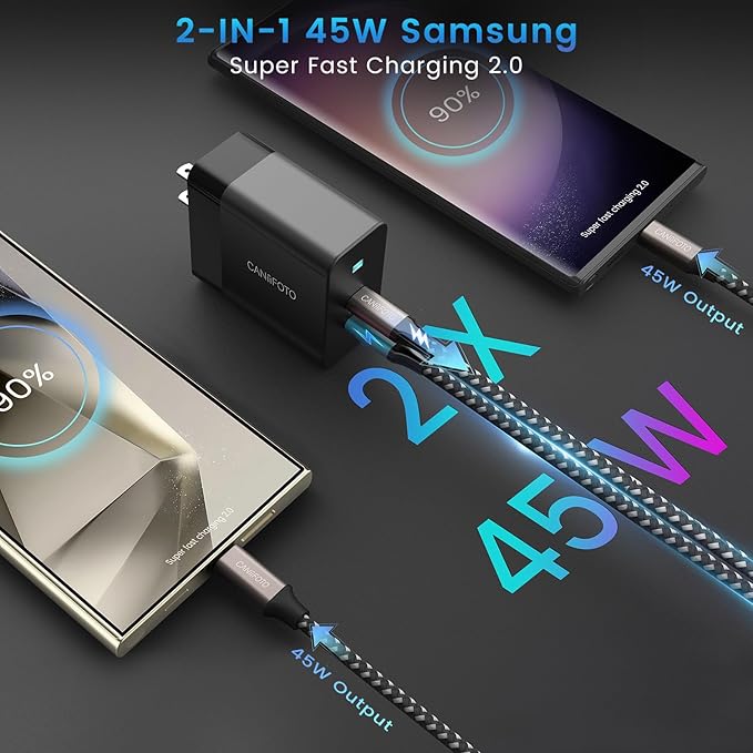 2Port 45W Super Fast Charger Type C, 3Pack 45W USB-C Charger Android Phone Charger Fast Charging for Samsung Galaxy S24 Ultra/S24+/S24/S23 Ultra/S23+/S22/S20/Note10+/Tab S9 with 3X 6.6ft Type C Cord