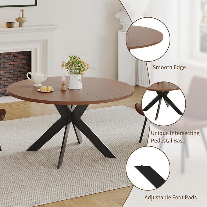 45.3" Round Walnut Dining Table for 4 – Mid-Century Modern Pedestal Table for Kitchen, Dining Room, Small Apartment or Breakfast Nook