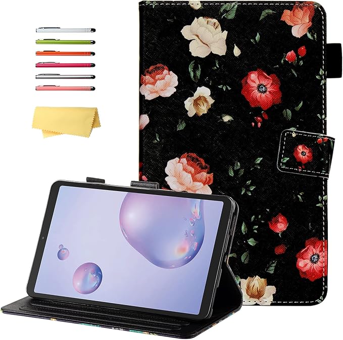 for Galaxy Tab A 8.4 Case 2020 Model (SM-T307/T307U) with Pencil Holder Pockets Multi-Angle Viewing Folio Stand PU Leather Shockproof TPU Cover for Samsung Tab A 8.4 T307 Black Rose Flower