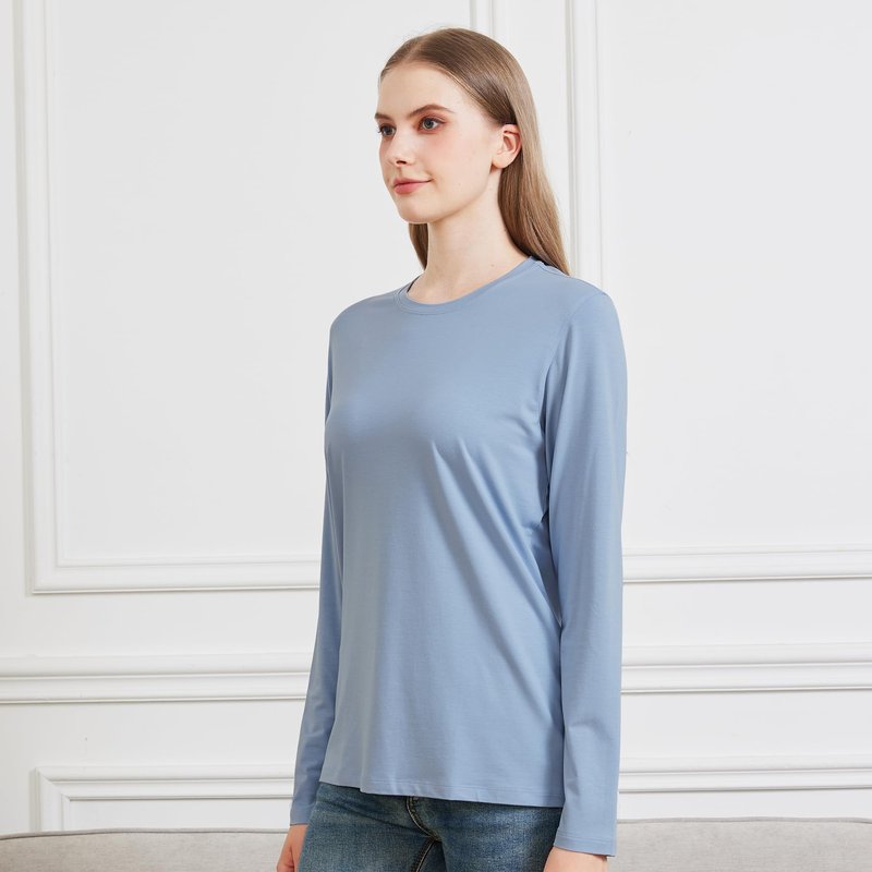 netdraw Women's Bamboo Viscose Cotton Long Sleeve T-Shirt, Crew Neck Buttery Soft Comfy Casual Lounge Sleep Pajama Tees, Frost Blue, Medium