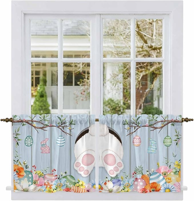 Easter Kitchen Tier Curtains 24 Inch Long 2 Panel Set, Rod Pocket Cafe Small
