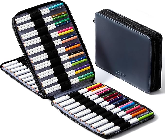 MEEDEN Pencil Marker Organizer Case: Premium PU Leather Zipper Pouch Lined with Silky Velvet - Large Capacity Pen Bag Supplies for Men & Artists – Slate Gray